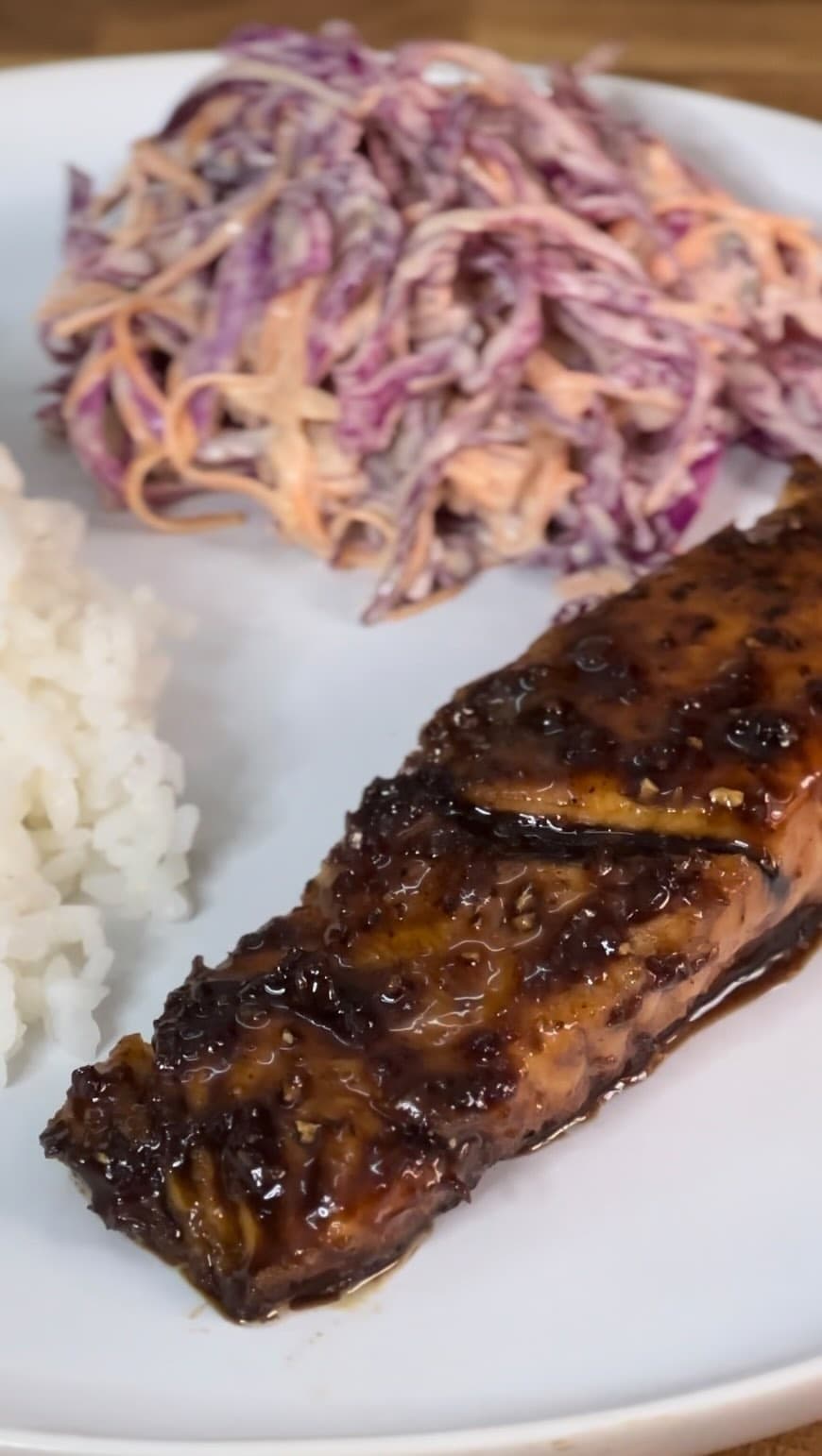 Honey Soy glazed salmon with coleslaw and rice