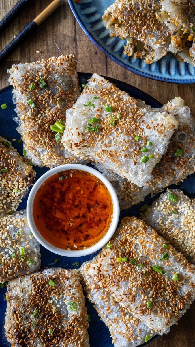 CRISPY RICE PAPER MUSHROOM DUMPLINGS WITH GARLIC CHILLI OIL