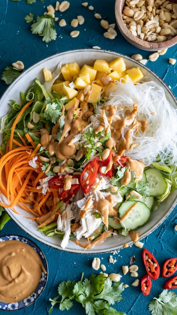 CHICKEN SPRING ROLL SALAD BOWLS WITH PEANUT SAUCE