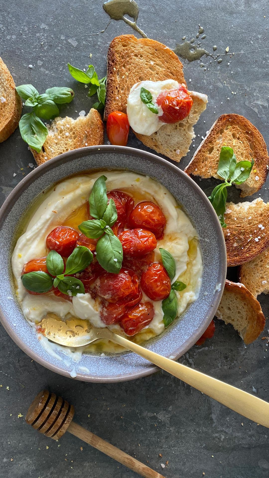 WHIPPED RICOTTA TOAST WITH BURST TOMATOES AND SPICY HONEY