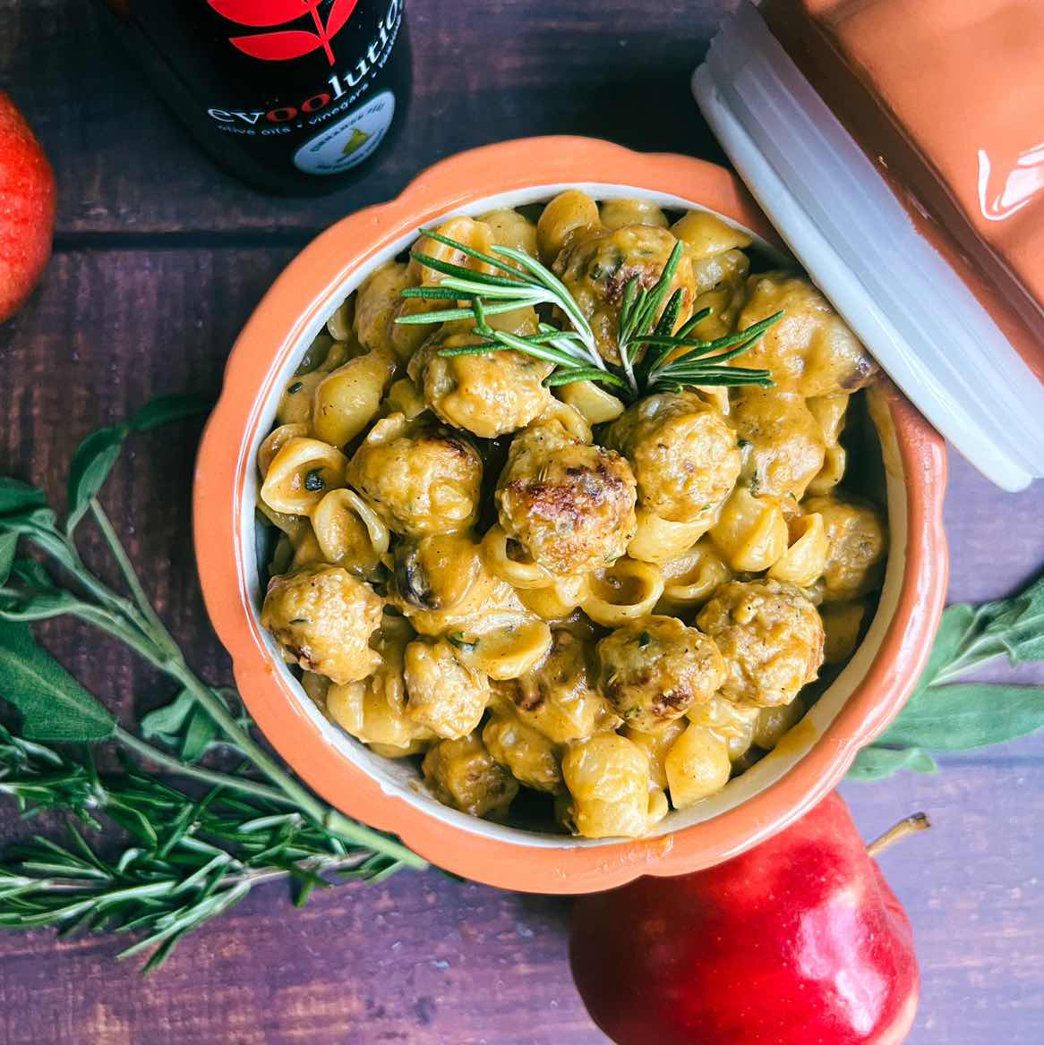 Creamy pumpkin pasta with mini chicken apple meatballs