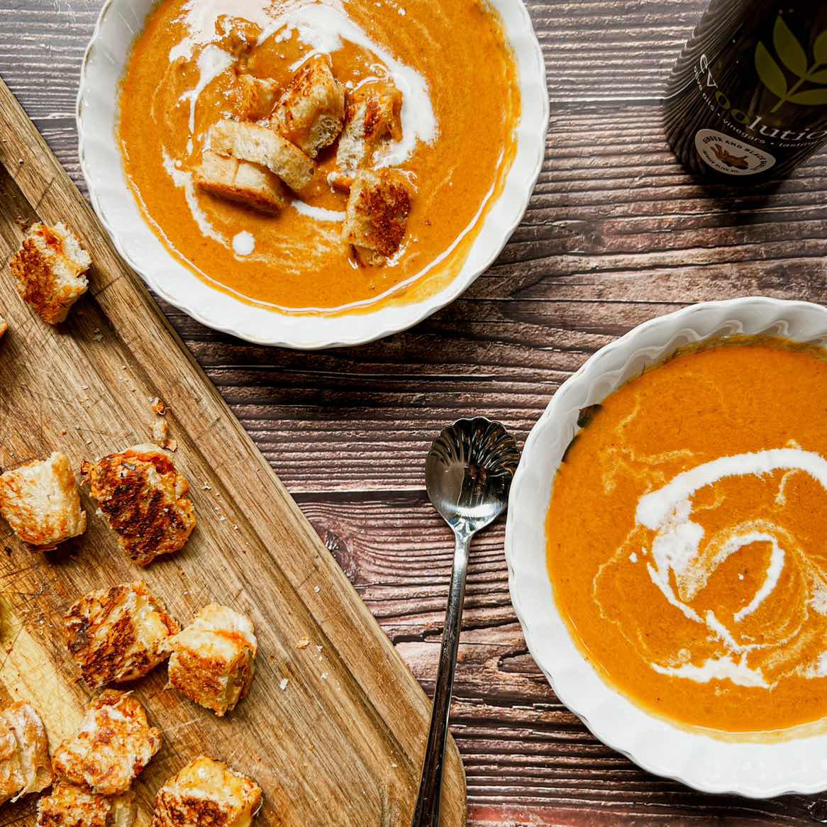 Indian spiced tomato soup with achaar grilled cheese croutons
