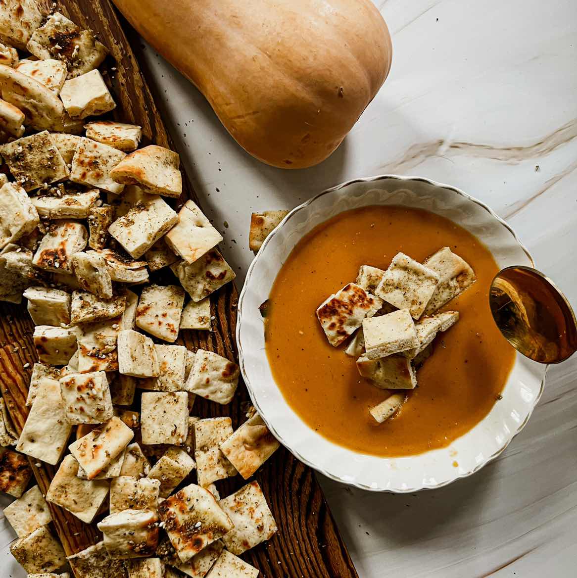 Arabic spiced squash soup with za’atar naan croutons
